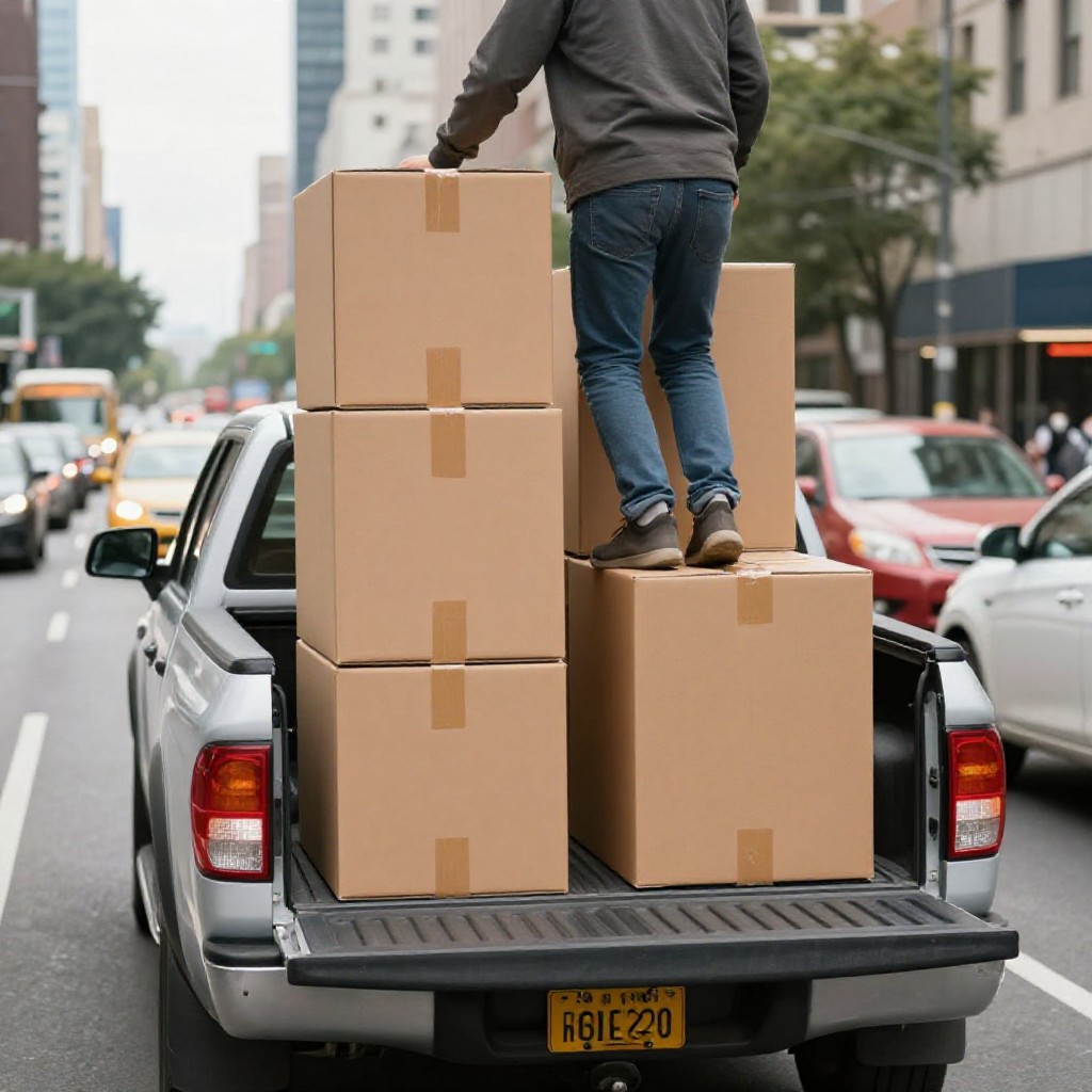 Passenger rides atop cardboard boxes in pickup truck on busy diyarbakır road